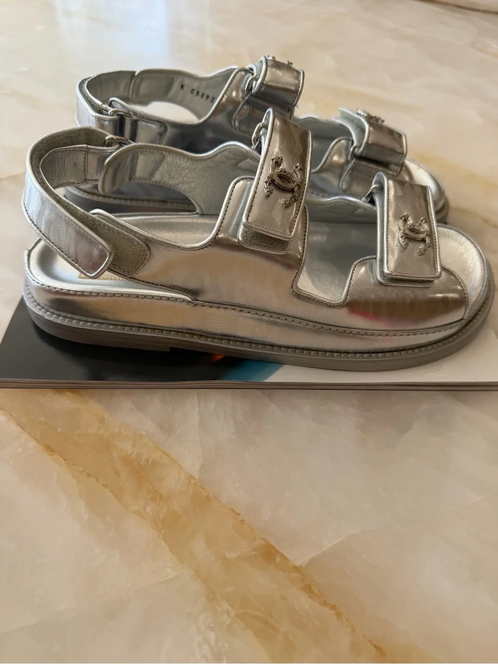 CHANEL Silver Double-Strap Sandals Size 38